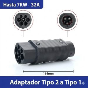 Adaptador de carga para vehículo eléctrico de Tipo 2 a Tipo 1, capacidad hasta 7KW y 32A.